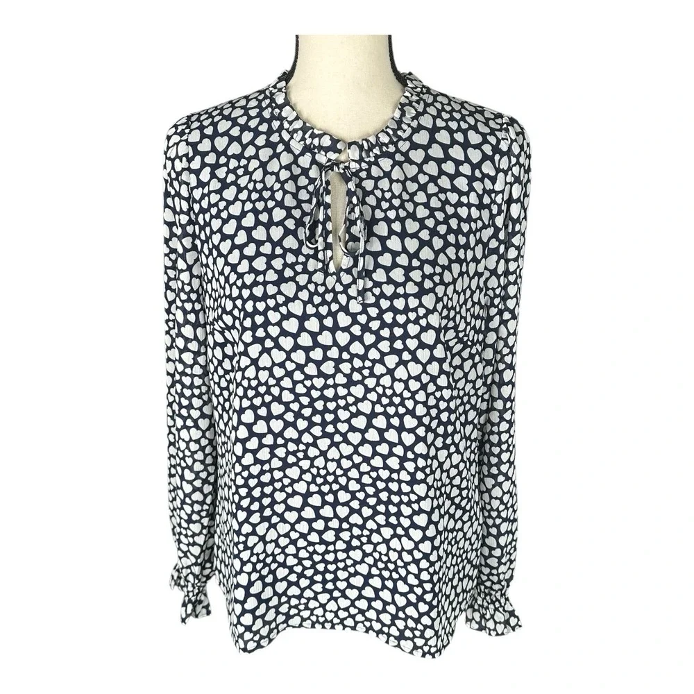 J.CREW Womens Size M White Navy Blue Pintuck Heart Print Popover‎ Blouse Top
